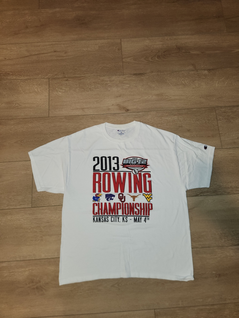 Vintage Y2K 2013 Big 12 Rowing Champanship White Champion Graphic T-shirt Men XL